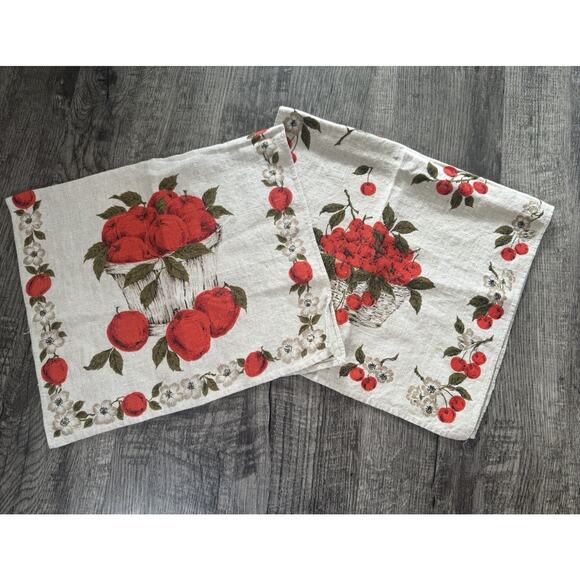 Vintage MCM Parisian Prints Linen Tea Kitchen Towels Apples Cherries Kitchen - Picture 8 of 9